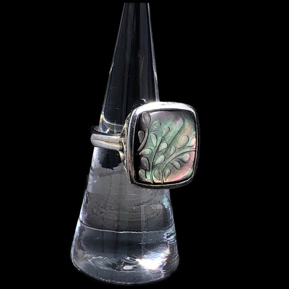 Silpada Retired Sterling Silver Etched Black Lip Shell Fern Leaf Ring - Picture 6 of 11